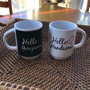 Pair of Hello Gorgeous Hello Handsome Black and White Red Heart Mugs Coffee Tea